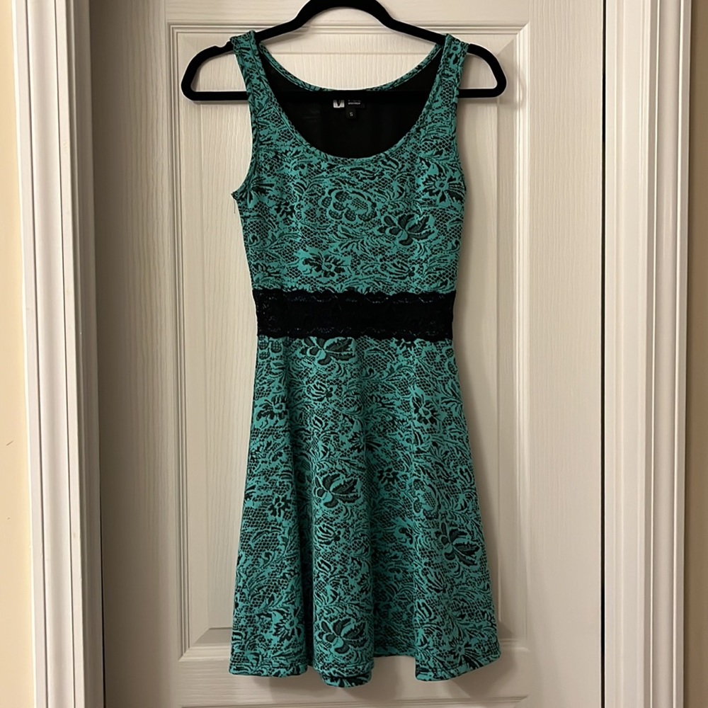 Turquoise and black lace floral dress.